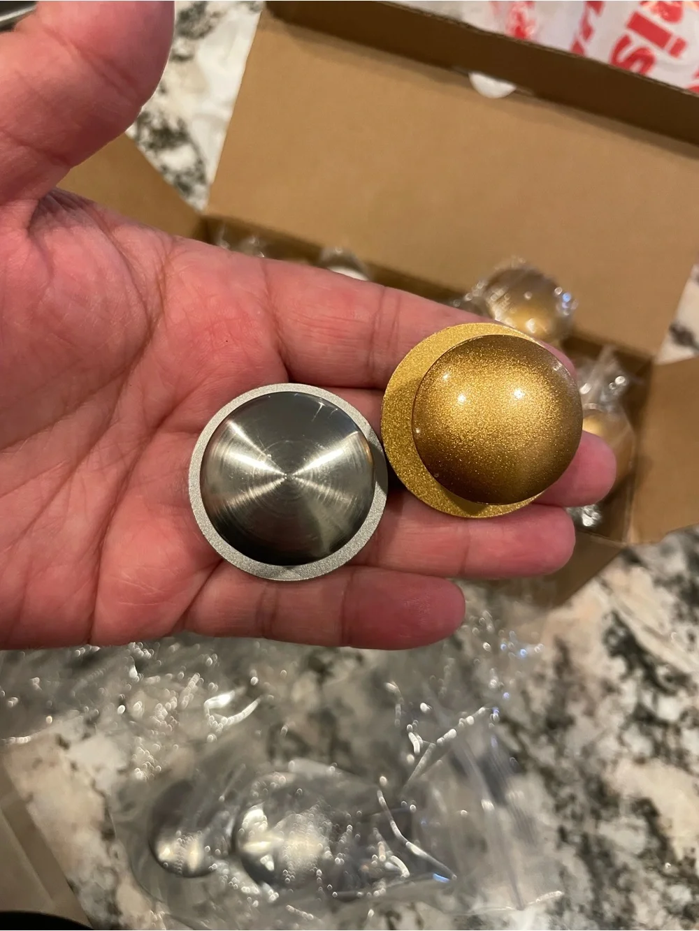 8 “steel” colored and 20 Antique gold Brushed Silver Self-Stick Drawer Knobs